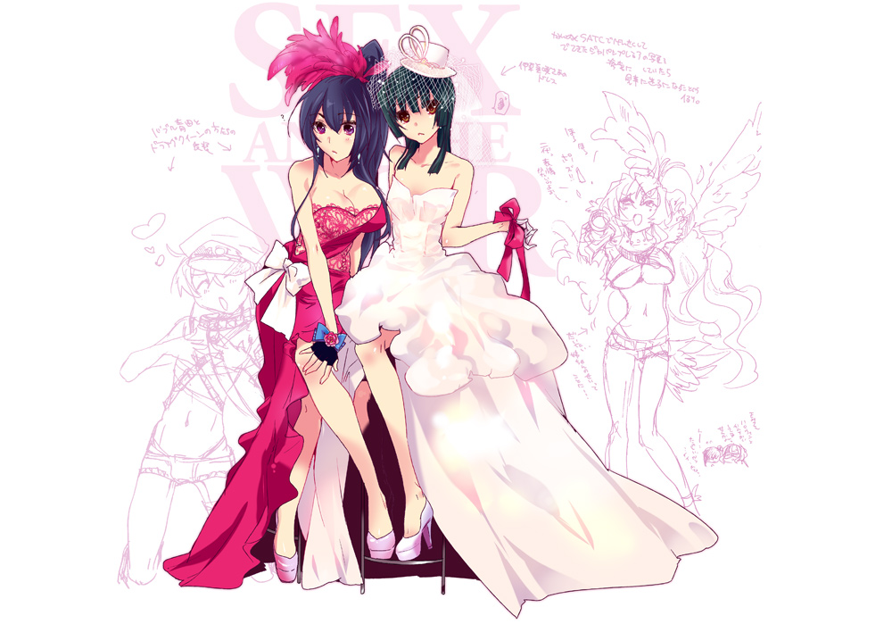 1boy, 3girls, aoi_kimi, black_hair, brown_eyes, crossdressinging, dress, hat