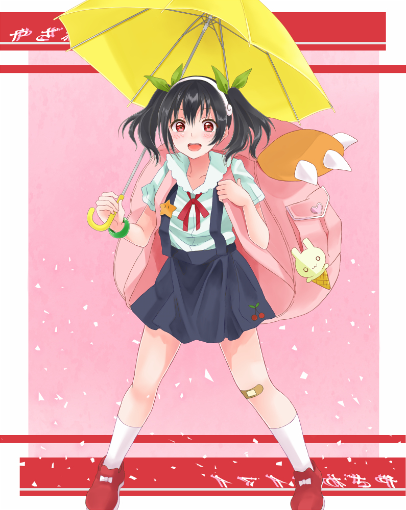 1girl, backpack, bandaid, bandaid_on_knee, black_hair, blush, cosplay, hachikuji_mayoi