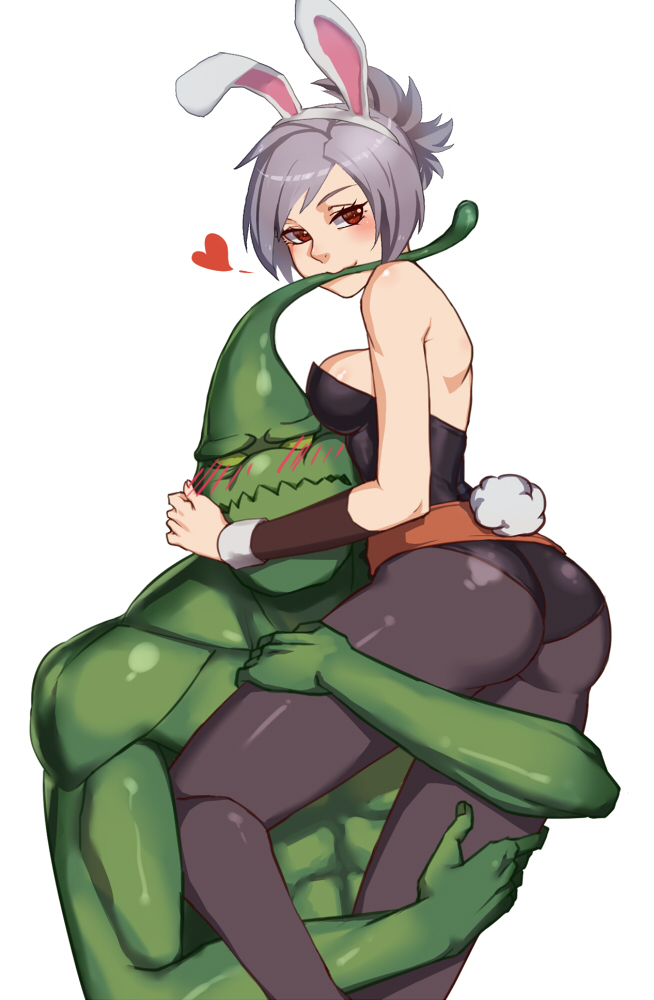 1boy, 1girl, aesice, animal_ears, ass, biting, blush, bunny_tail