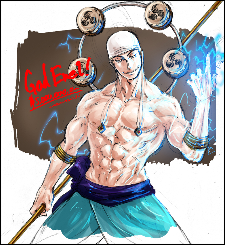 1boy, electricity, enel, kepe, male_focus, mitsudomoe_(shape), one_piece, skypiea