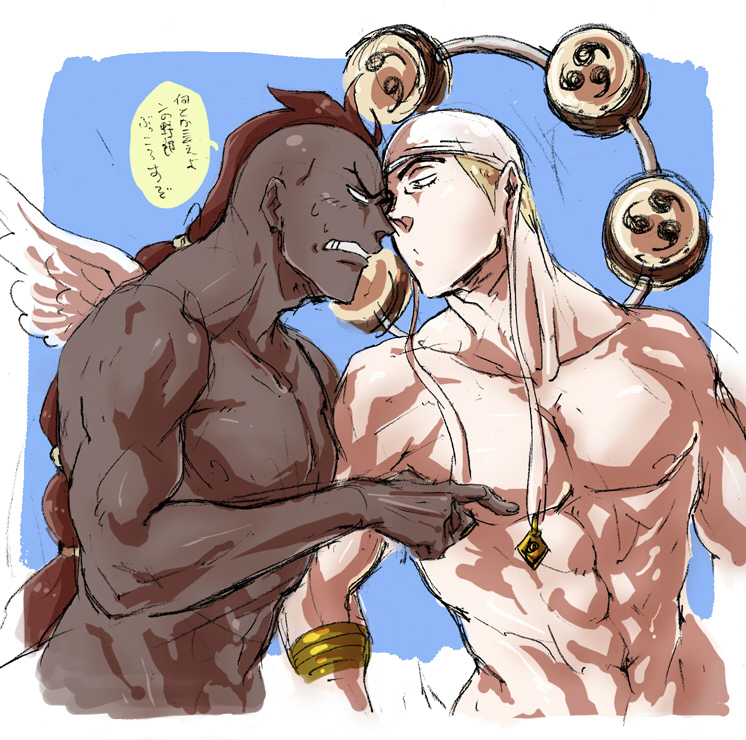 2boys, angry, blonde_hair, brown_hair, earrings, enel, jewelry, kepe