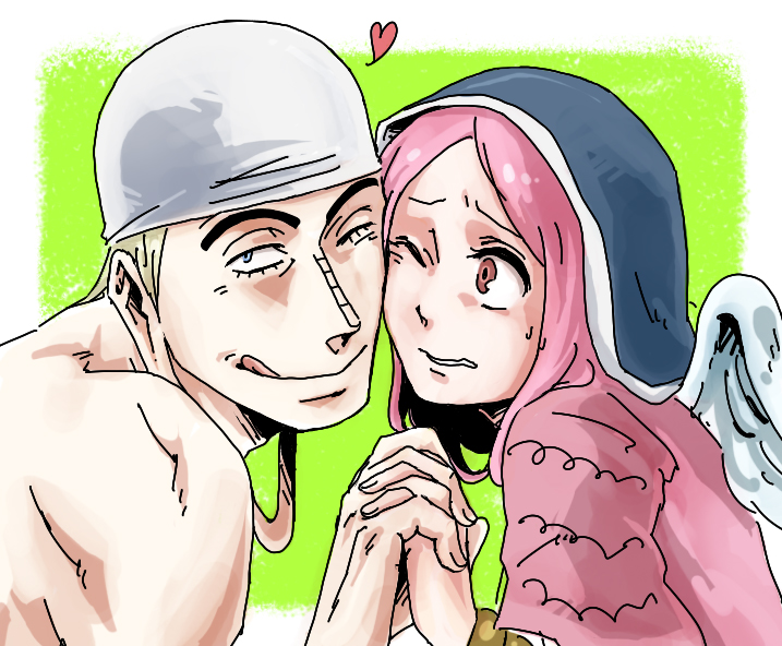 1boy, 1girl, bandanna, enel, kepe, one_piece, pink_hair, skypiea