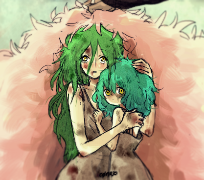1boy, 2girls, blue_eyes, donquixote_doflamingo, donquixote_pirates, dress, feathers, green_hair