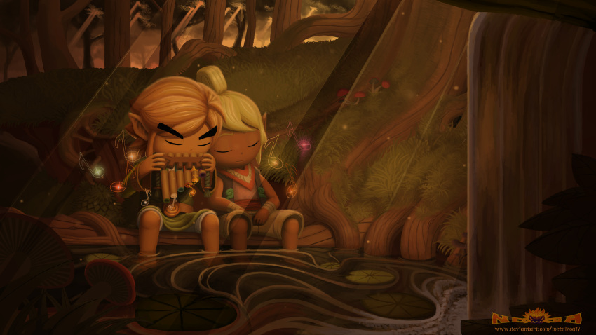 1boy, 1girl, barefoot, blonde_hair, closed_eyes, dark_skin, feet_in_water, flute, instrument, link, musical_note, paris_jenkins, pointy_ears, pond, shoulder_rest, sitting, soaking_feet, tetra, the_legend_of_zelda, the_legend_of_zelda:_the_wind_waker, tree, water