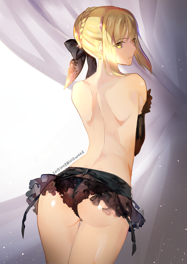 1girl, ass, astarone, back, bare_back, bare_shoulders, black_gloves, black_panties, blonde_hair, bow, braid, elbow_gloves, fate/stay_night, fate_(series), frills, from_behind, garter_belt, gloves, hair_bow, lingerie, looking_back, no_bra, panties, saber, saber_alter, shoulder_blades, solo, standing, topless, underwear, yellow_eyes