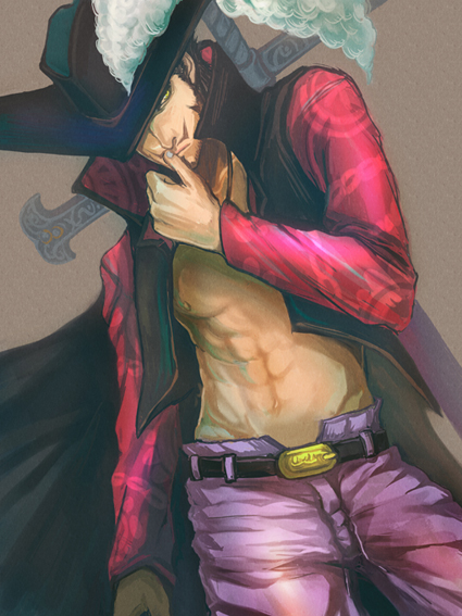 1boy, abs, dracule_mihawk, hat, hat_feather, hat_over_one_eye, jippei, male_focus