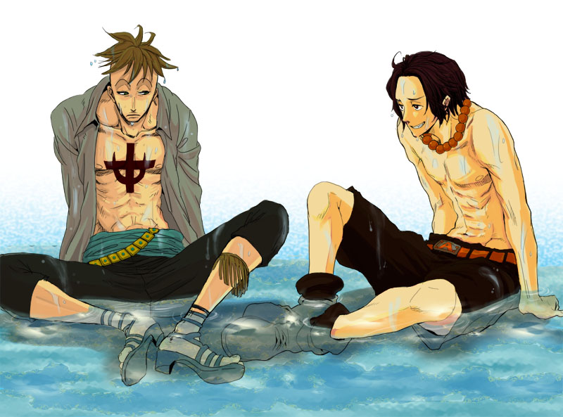 2boys, male_focus, marco, multiple_boys, one_piece, portgas_d_ace, sitting, tattoo