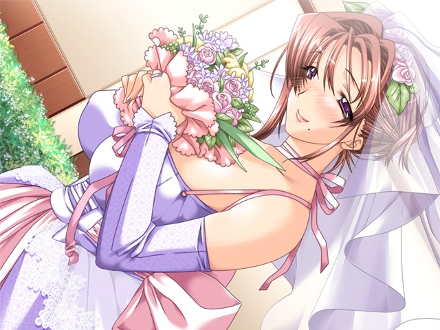 1girl, blush, bouquet, breasts, brown_hair, cleavage, detached_sleeves, female