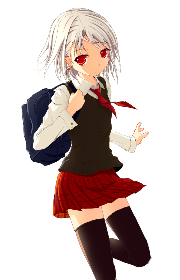bad_id, bag, earrings, jewelry, popo_(0kyono0), popo_(pixiv), red_eyes, school_uniform, short_hair, silver_hair, thigh-highs, thighhighs, zettai_ryouiki