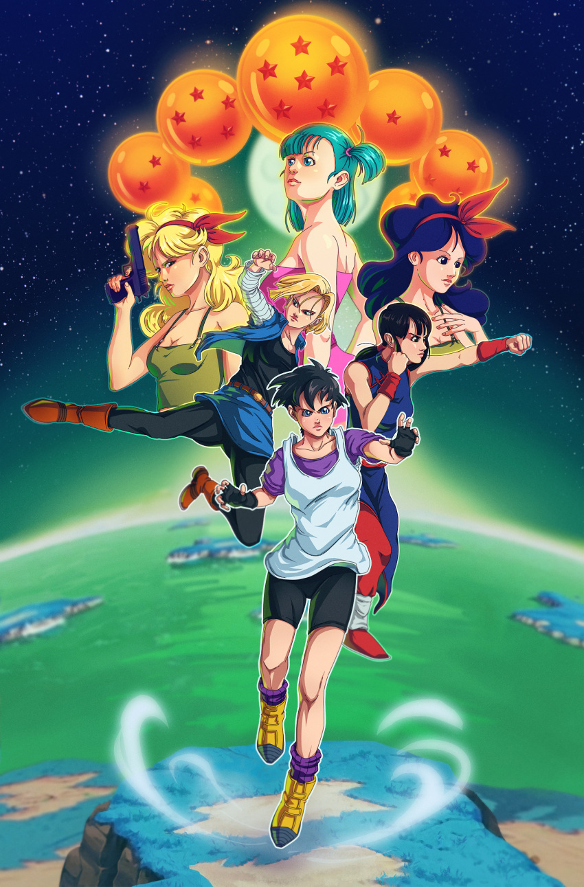 5girls, android_18, arms, back, bare_shoulders, black_eyes, black_hair, blonde_hair