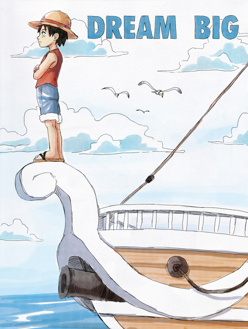 1boy, boat, coreymill, hat, male_focus, monkey_d_luffy, ocean, one_piece, solo, straw_hat, vest