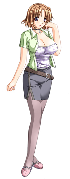 1girl, belt, blue_eyes, breasts, brown_hair, choker, cleavage, female, fujino_midori, hitozuma_kasumi-san, hitozuma_kasumi-san_2, hitozuma_kasumi-san_2_oku-sama_miboujin_owner_to_kyodou_seikatsu, jewelry, large_breasts, looking_at_viewer, miniskirt, open_clothes, open_shirt, pencil_skirt, pendant, shirt, short_hair, short_sleeves, simple_background, skirt, solo, standing, white_background