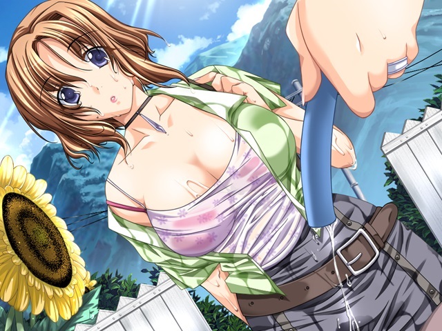 1girl, bangs, belt, blue_eyes, blue_sky, bra, breasts, brown_hair