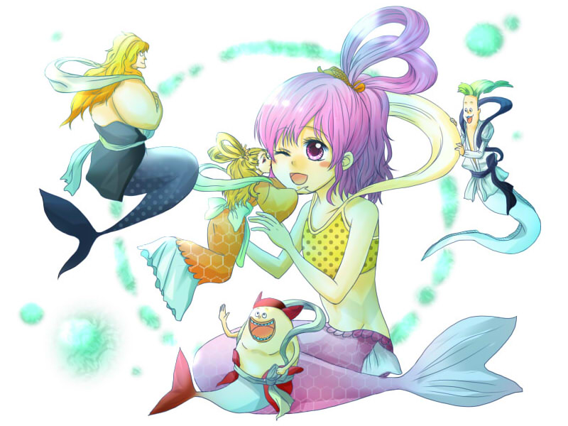 1girl, 3boys, brother_and_sister, brothers, fukaboshi, manboshi, mermaid, monster_girl
