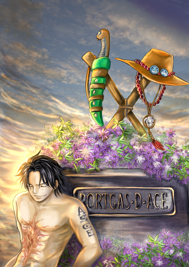 1boy, corpse, death, flower, gravestone, hat, injury, one_piece, portgas_d_ace, scar, solo