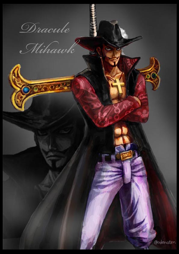 1boy, black_hair, character_name, dracule_mihawk, hat, male_focus, one_piece, open_clothes, open_shirt, shirt, solo, yellow_eyes, yoru_(one_piece)