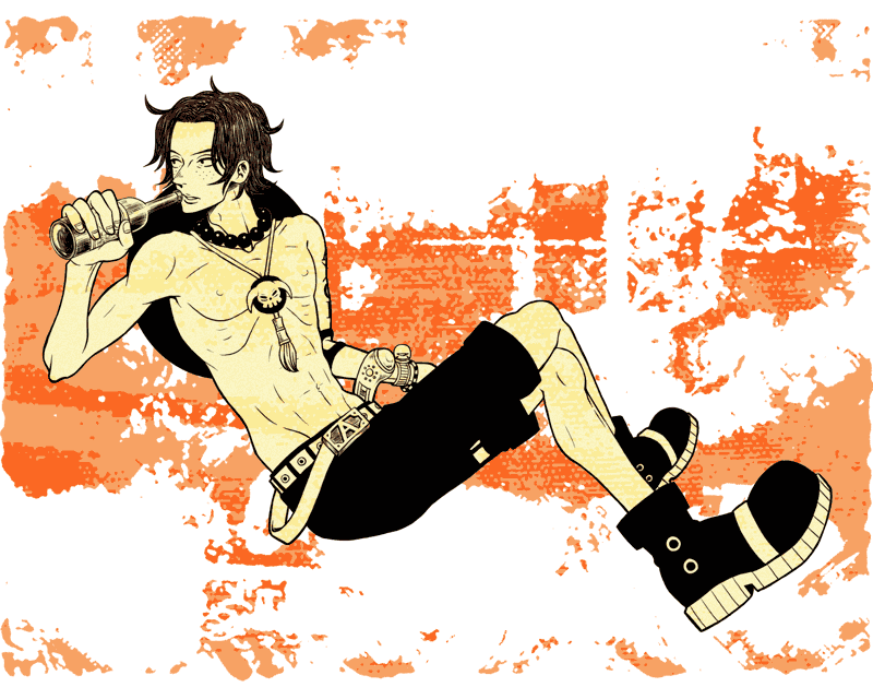 1boy, bottle, male_focus, one_piece, portgas_d_ace, shorts, solo, topless