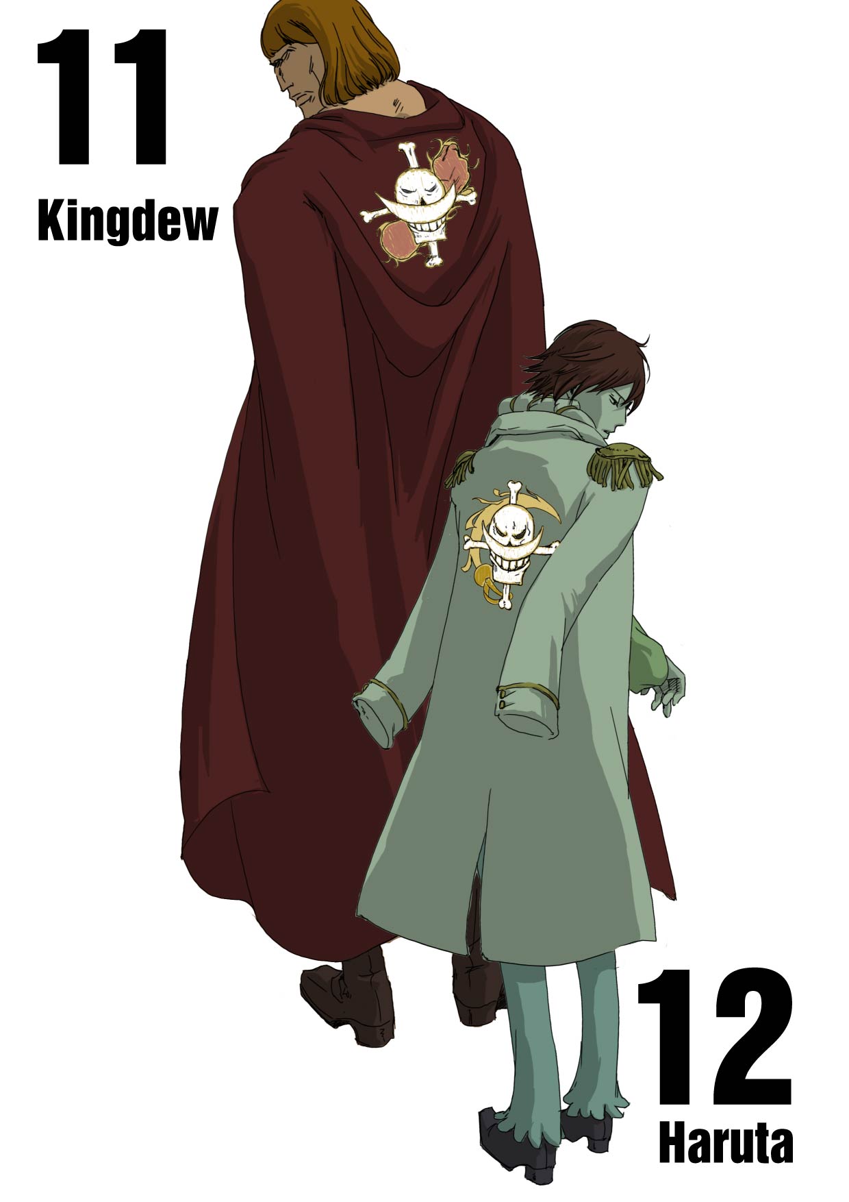 androgynous, back, cape, character_name, haruta_(one_piece), jacket_on_shoulders, jolly_roger, kingdew