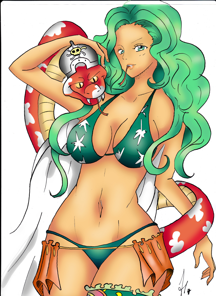 1girl, amazon, bikini, bikini_top, boa_sandersonia, breasts, female, green_hair