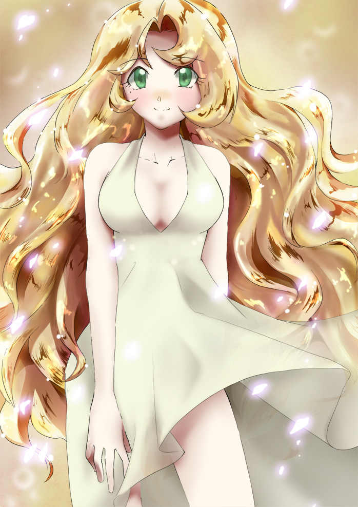 1girl, bare_shoulders, blonde_hair, breasts, cleavage, collarbone, dress, green_eyes