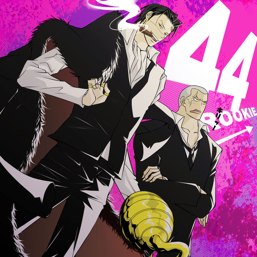 2boys, daz_bones, jacket_over_shoulder, male_focus, multiple_boys, one_piece, s-salt, scar, sir_crocodile, smoking