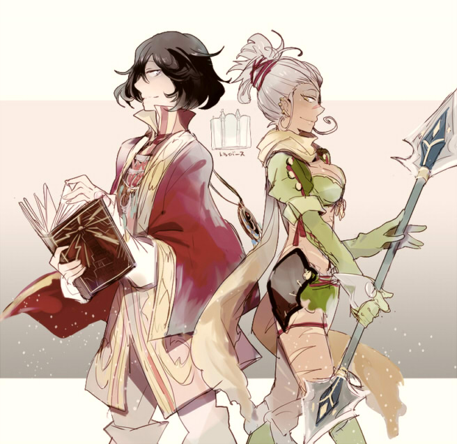 1boy, 1girl, armor, black_hair, book, boots, bra, breasts