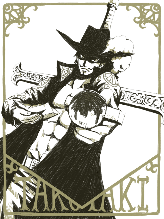 1boy, border, dracule_mihawk, food, hat, male_focus, monochrome, one_piece