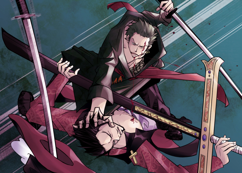 2boys, black_hair, blood, blood_on_face, dracule_mihawk, fight, green_hair, injury