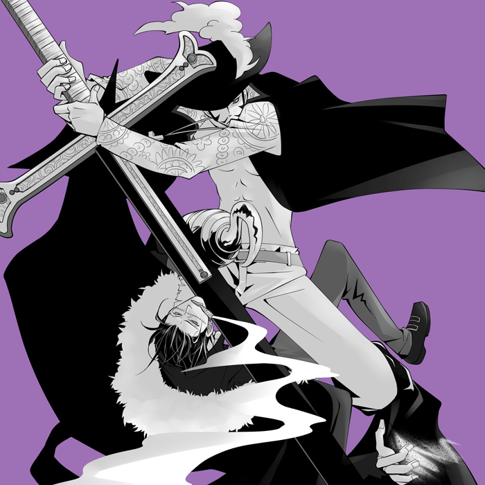 2boys, dracule_mihawk, fight, monochrome, multiple_boys, one_piece, s-salt, scar