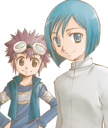 blue_hair, brown_eyes, brown_hair, digimon, digimon_adventure_02, goggles, ichijouji_ken, male