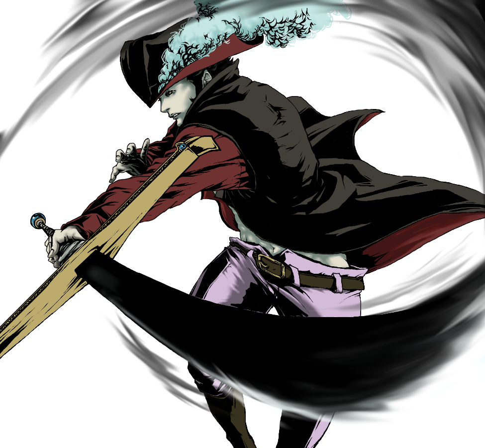 1boy, dracule_mihawk, hat, male_focus, one_piece, solo, sword, weapon