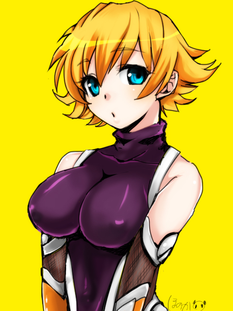 1girl, blonde_hair, breasts, honoka_(ranukirai), igawa_sakura, leotard, looking_at_viewer, simple_background
