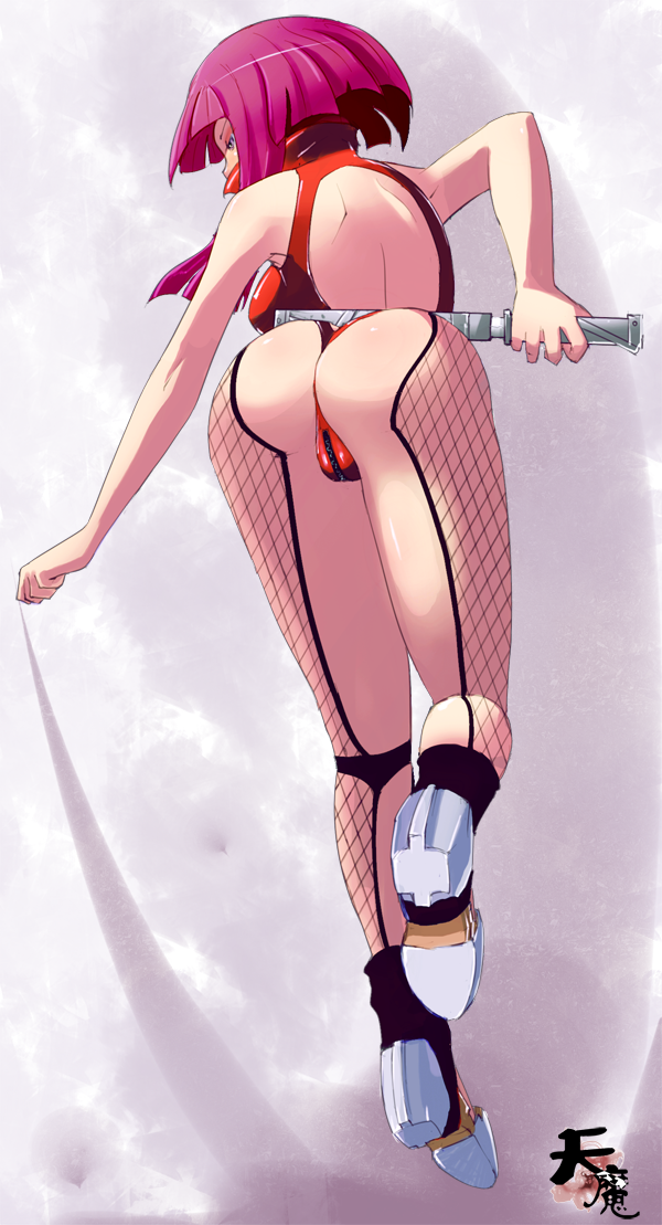 1girl, ass, breasts, leotard, ninja, oboro_(taimanin_asagi), purple_hair, smile