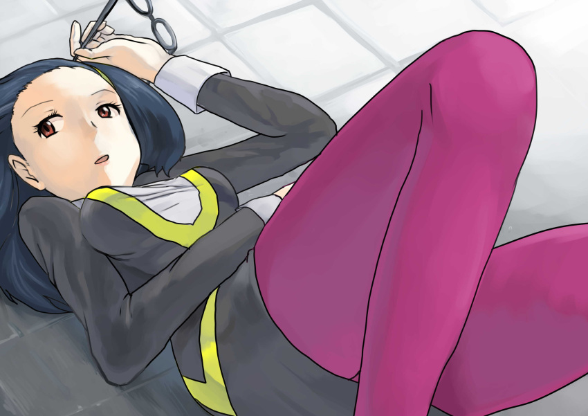 1girl, absurdres, black_hair, breasts, brown_eyes, chitsupu, glasses, glasses_removed, highres, looking_away, lying, open_mouth, pokemon, pokemon_(anime), rioka_(pokemon)