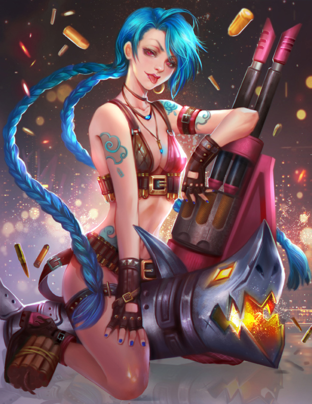 1girl, :p, bikini_top, black_gloves, blue_hair, blue_nails, boots, bottomless