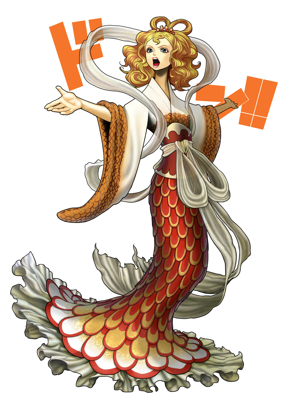1girl, blonde_hair, blue_eyes, dress, fishman_island, full_body, grey_eyes, hair_ornament
