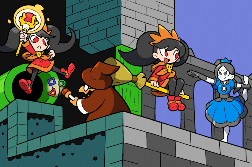 1other, 2girls, :<, alternate_costume, ashley_(warioware), black_eyes, black_hair, broom