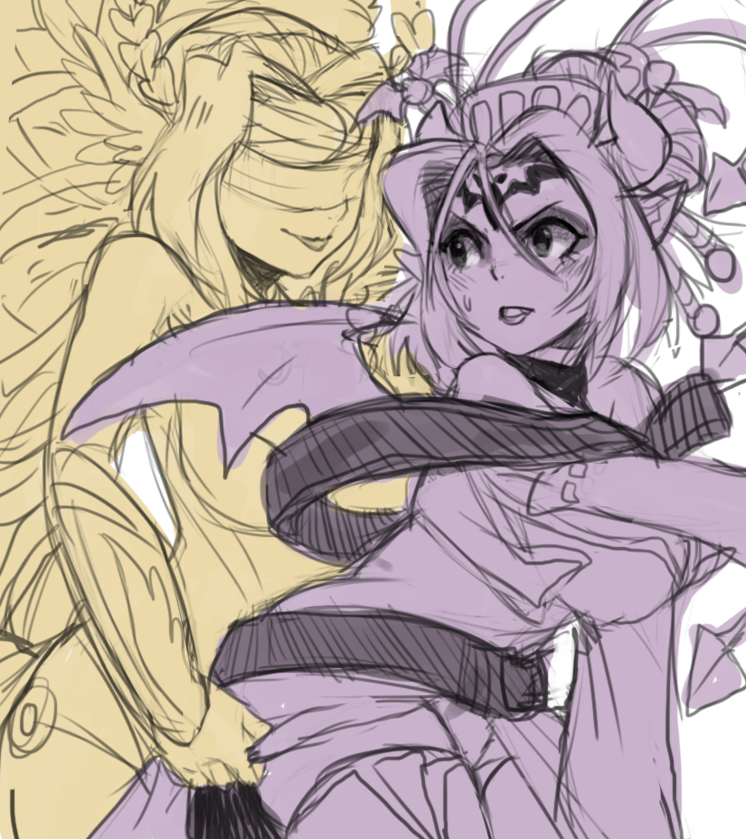 2girls, artist_request, bandai, bat_(symbol), bat_wings, blush, breasts, covered_eyes, digimon, female, horns, lilithmon, long_hair, looking_back, monochrome, multiple_girls, olympos_xii, seven_great_demon_lords, simple_background, sketch, smile, succubus, tattoo, venusmon, wings