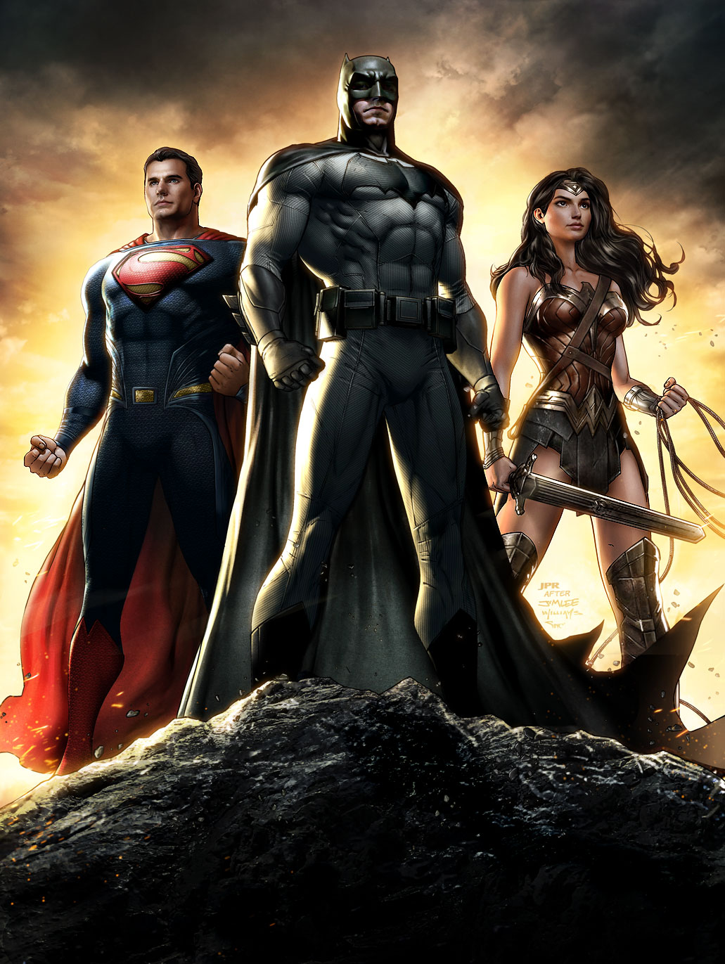 1girl, 2boys, amazon, armor, batman, belt, black_hair, boots
