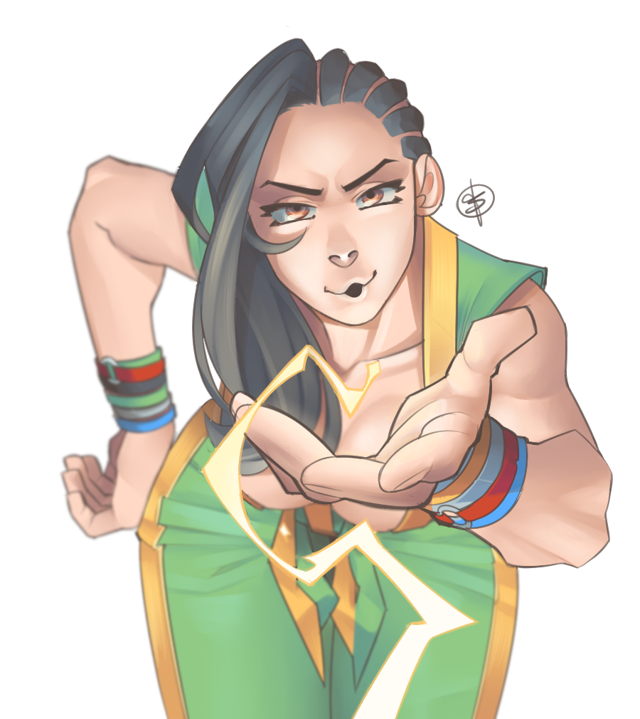 1girl, asymmetrical_hair, black_hair, blowing, breasts, cleavage, collarbone, cornrows