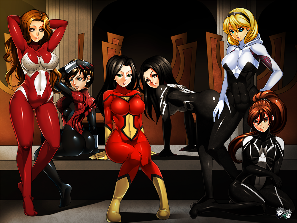 6+girls, abs, anya_corazon, arms_behind_head, arms_up, ass, bent_over, black_hair, blonde_hair, bodysuit, breasts, brown_hair, cindy_moon, covered_navel, curvy, emblem, gwen_stacy, hairband, high_ponytail, hood, jadenkaiba, jessica_drew, jessica_drew_(ultimate), looking_at_viewer, marvel, mayday_parker, multiple_girls, parted_lips, ponytail, silk_(marvel), sitting, smile, spandex, spider-girl, spider-gwen, spider-man_(series), spider-woman, superhero, table, thigh_gap, toned