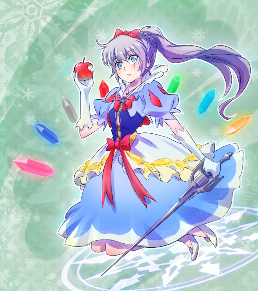 1girl, apple, blue_eyes, bow, cosplay, food, fruit, gems