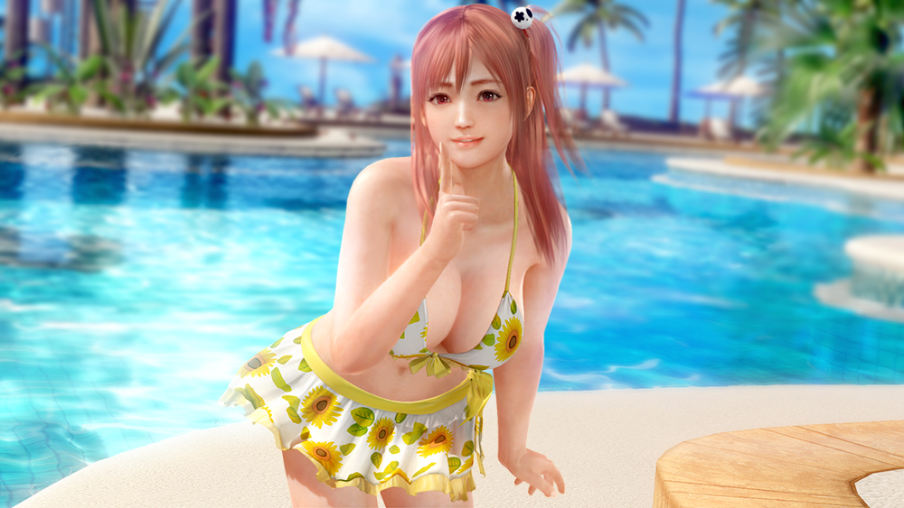 3d, bikini, breasts, dead_or_alive, dead_or_alive_5, dead_or_alive_xtreme_beach_volleyball, honoka_(doa), large_breasts, pink_hair, pointing, pool, smile, swimsuit, tecmo