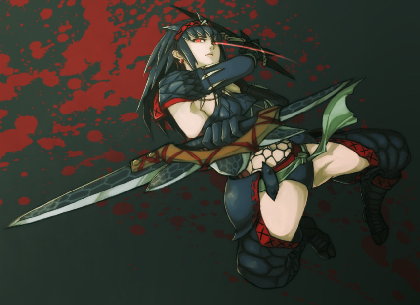 1girl, aoi_mirin, black_hair, blood, capcom, dual_wielding, female, glowing