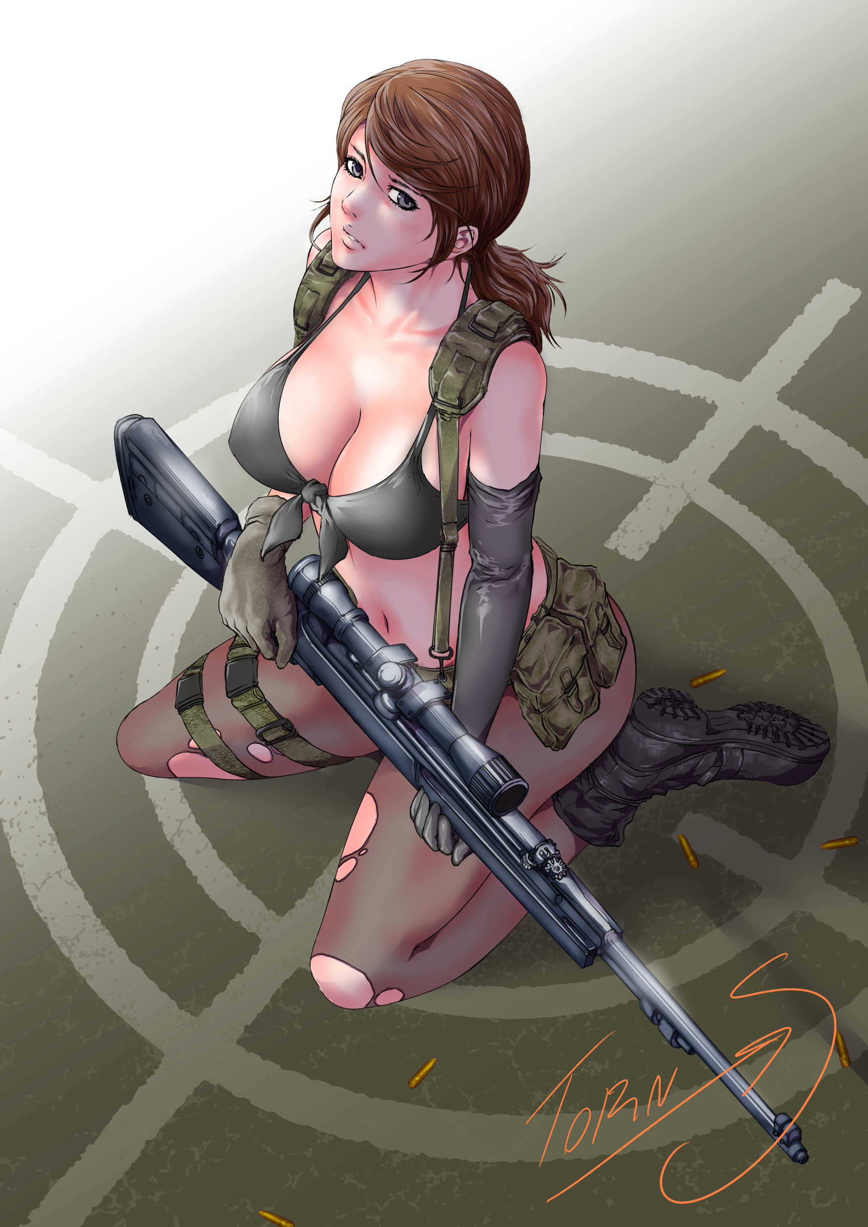 1girl, bare_shoulders, bikini, breasts, brown_hair, cleavage, female, from_above, grey_eyes, gun, kneeling, large_breasts, looking_at_viewer, metal_gear_(series), metal_gear_solid_v, navel, pantyhose, parted_lips, ponytail, quiet_(metal_gear), rifle, sitting, sniper_rifle, solo, swimsuit, torn_s, weapon