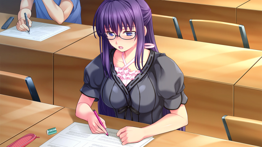1boy, 1girl, blue_eyes, brave_hunter_aoi, breasts, classroom, collarbone, eraser, female, frills, game_cg, glasses, include_(studio), indoors, long_hair, okuno_hazuki, open_mouth, pen, purple_hair, short_sleeves, sitting, sunbeam, sweat, tears, yoshi_hyuuma