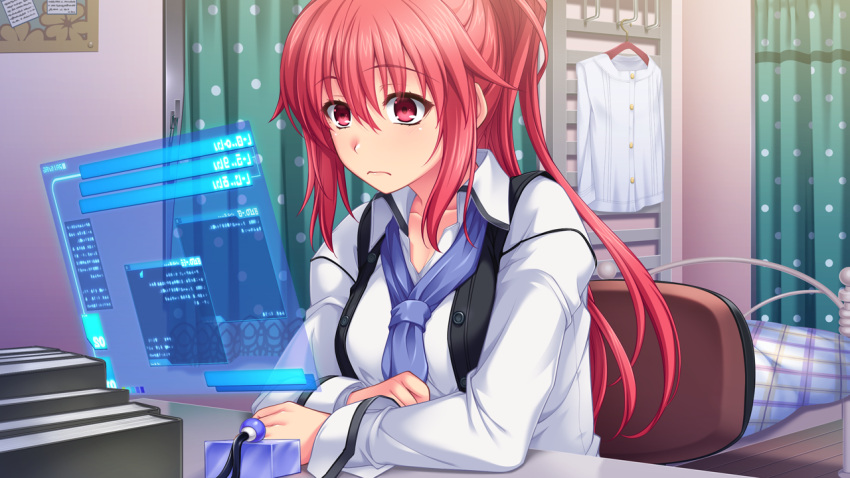 1girl, bed, bedroom, brave_hunter_aoi, closed_mouth, collarbone, female, frown, game_cg, include_(studio), kagami_aoi_(brave_hunter_aoi), long_hair, long_sleeves, pink_eyes, pink_hair, ponytail, sitting, solo, yoshi_hyuuma