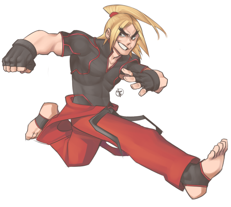 1boy, black_gloves, blonde_hair, dougi, gloves, ken_masters, muscle, ponytail