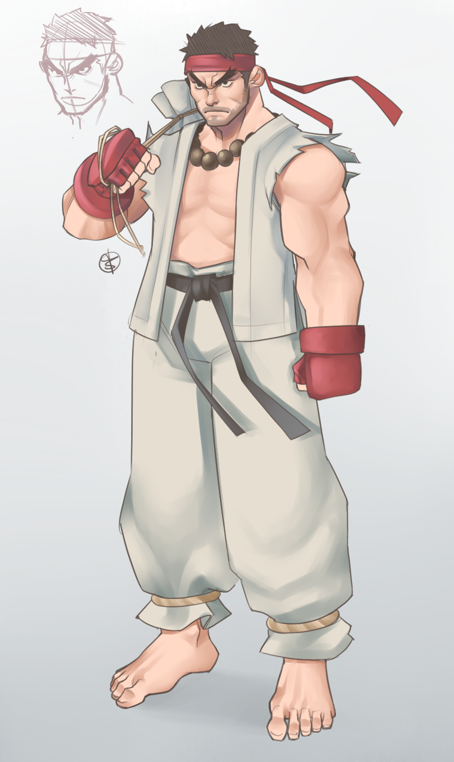 1boy, abs, barefoot, beads, beard, black_hair, boxing_gloves, dougi