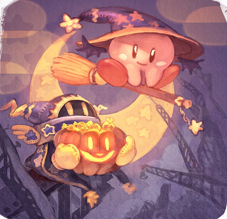 2boys, blue_eyes, broom, broom_riding, candy, crescent_moon, halloween, hat